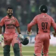 Shadab Khan celebrates his unbeaten century during Pakistan's one-wicket victory over England in the ODI Tri-Series.