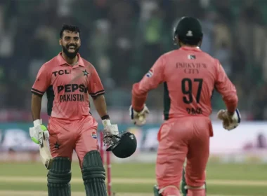 Shadab Khan celebrates his unbeaten century during Pakistan's one-wicket victory over England in the ODI Tri-Series.